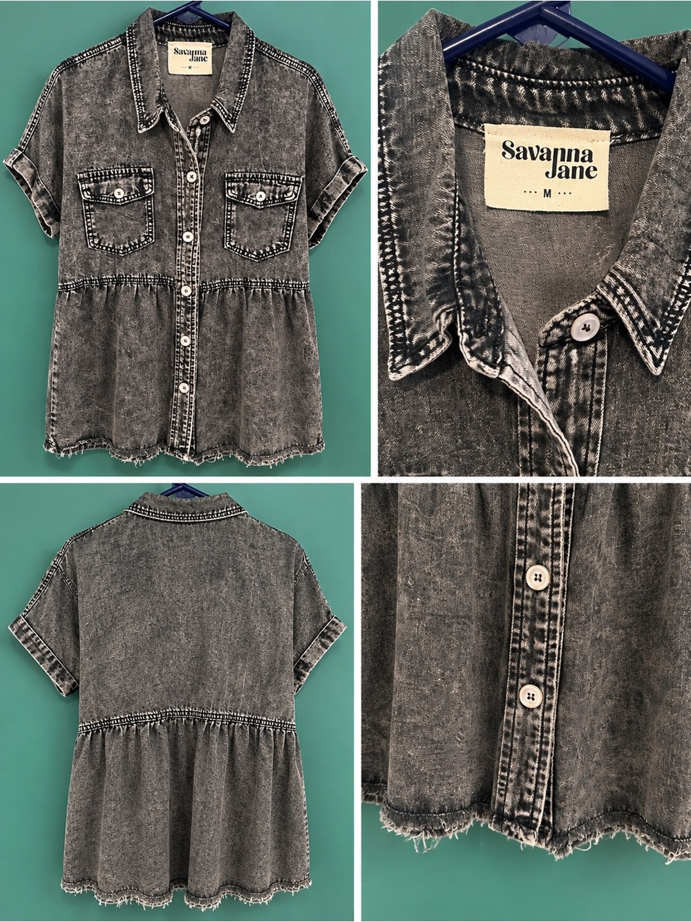Savanna Jane Washed Black Short Sleeve Peplum Button-Up Shirt
